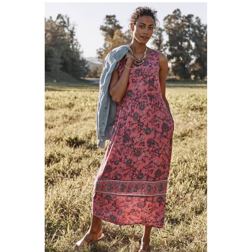 J. Jill Dreamscape Border Lotus Jacob Pink Floral Sleeveless Maxi Dress Sz M‎